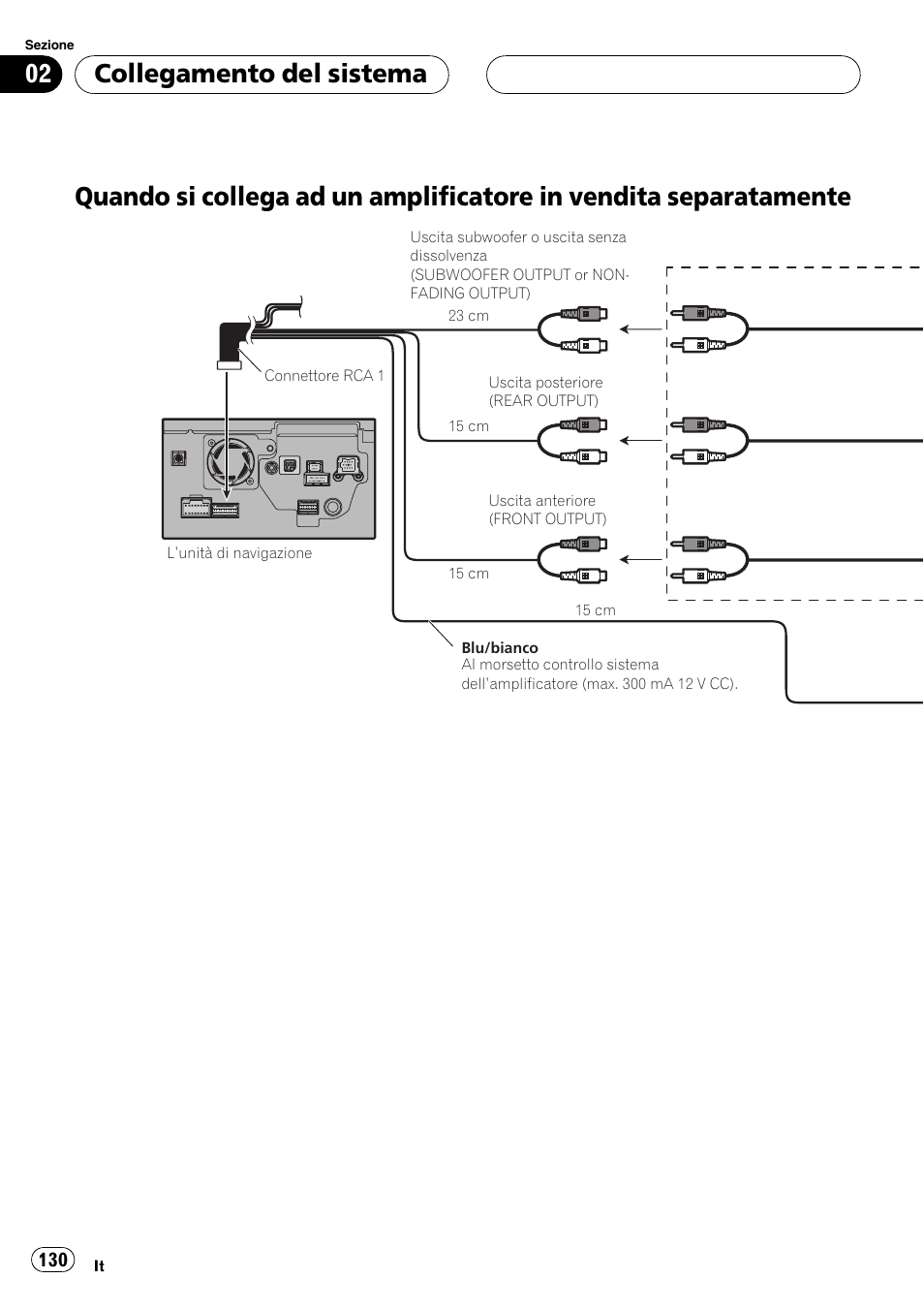 Quando si collega ad un amplificatore in, Vendita separatamente, Collegamento del sistema | Pioneer AVIC-HD3-II User Manual | Page 130 / 177