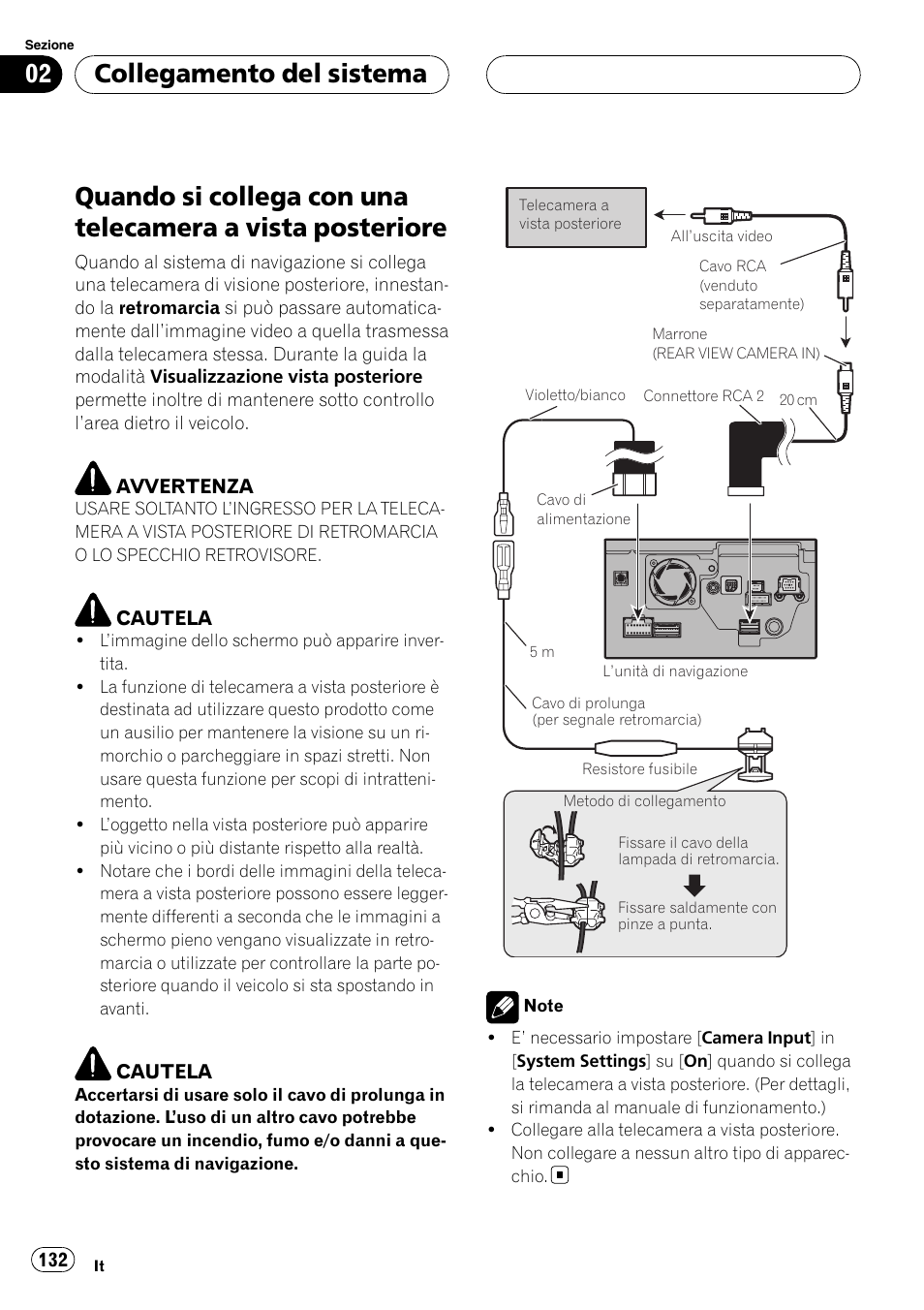 Quando si collega con una telecamera a, Vista posteriore, Collegamento del sistema | Pioneer AVIC-HD3-II User Manual | Page 132 / 177