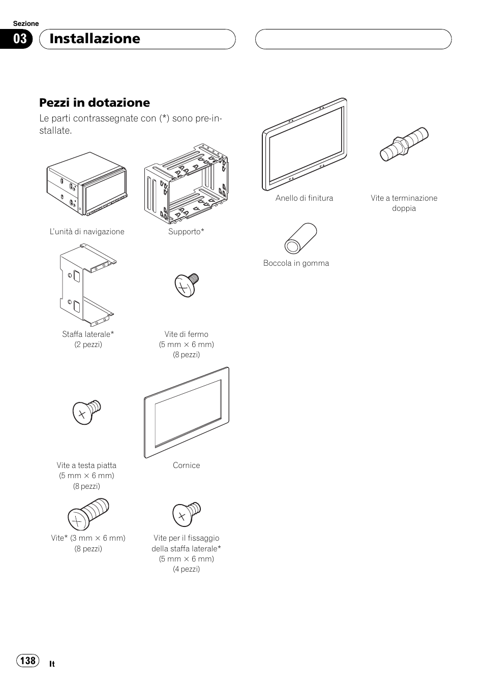 Pezzi in dotazione 138, Installazione, Pezzi in dotazione | Pioneer AVIC-HD3-II User Manual | Page 138 / 177