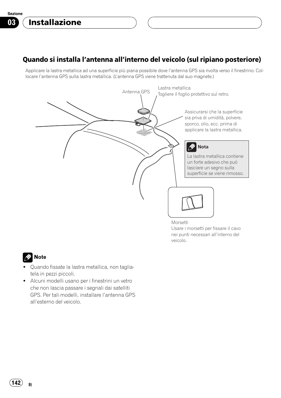 Quando si installa l’antenna all’interno, Del veicolo (sul ripiano posteriore), Installazione | Pioneer AVIC-HD3-II User Manual | Page 142 / 177