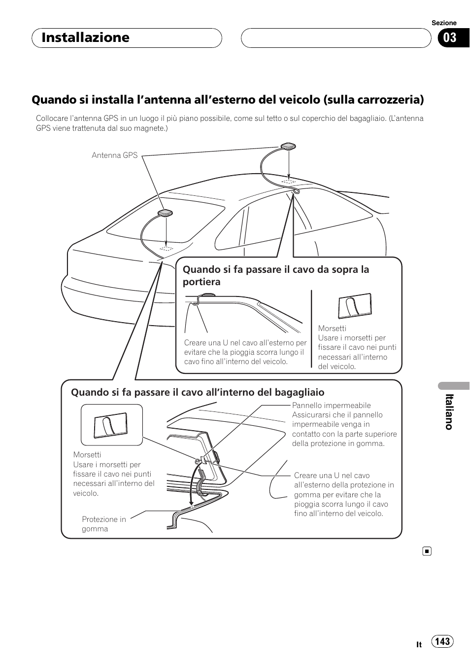 Quando si installa l’antenna all’esterno, Del veicolo (sulla carrozzeria), Installazione | Pioneer AVIC-HD3-II User Manual | Page 143 / 177