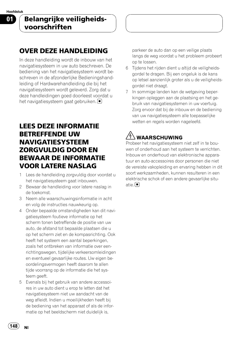 Belangrijke veiligheidsvoorschriften, Over deze handleiding, Lees deze informatie betreffende uw | Belangrijke veiligheids- voorschriften | Pioneer AVIC-HD3-II User Manual | Page 148 / 177