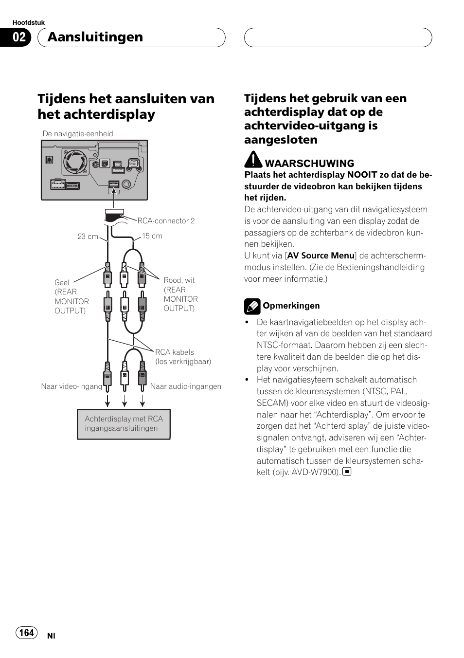 Tijdens het aansluiten van het, Achterdisplay, Tijdens het gebruik van een | Tijdens het aansluiten van het achterdisplay, Aansluitingen | Pioneer AVIC-HD3-II User Manual | Page 164 / 177