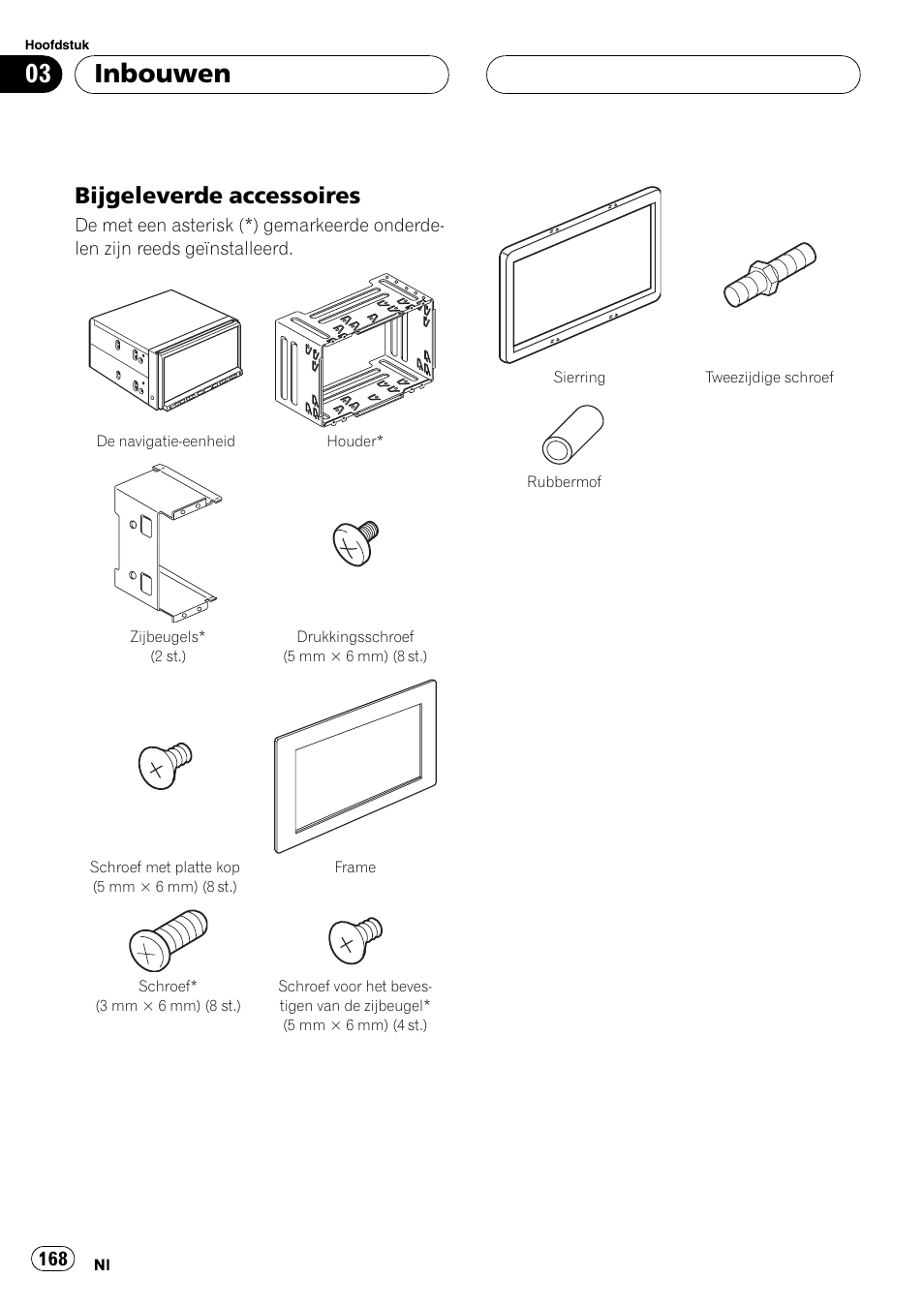 Bijgeleverde accessoires 168, Inbouwen, Bijgeleverde accessoires | Pioneer AVIC-HD3-II User Manual | Page 168 / 177