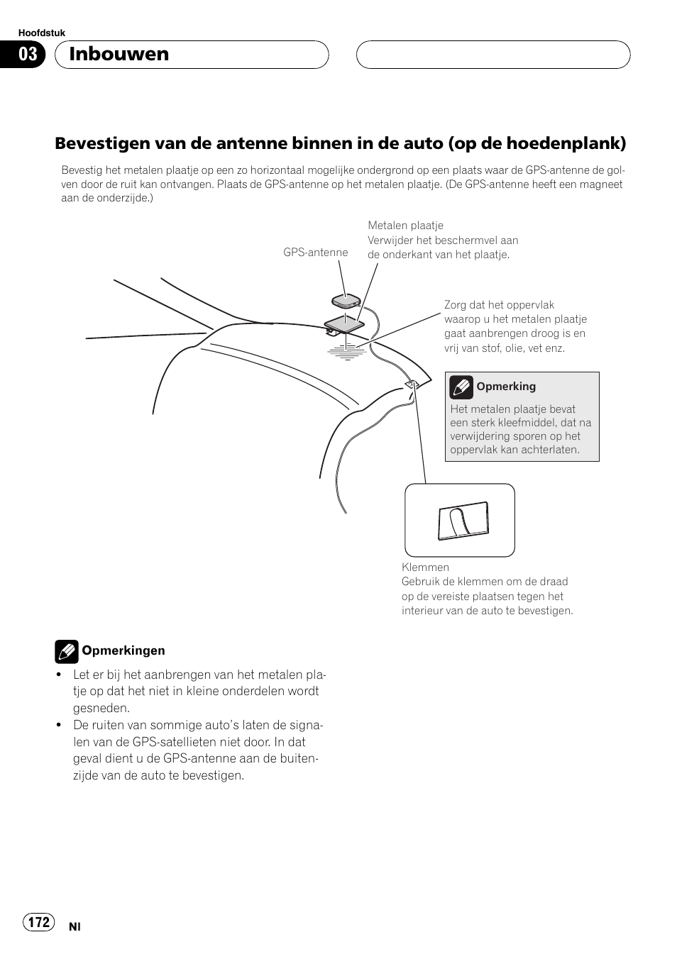 Bevestigen van de antenne binnen in, De auto (op de hoedenplank), Inbouwen | Pioneer AVIC-HD3-II User Manual | Page 172 / 177