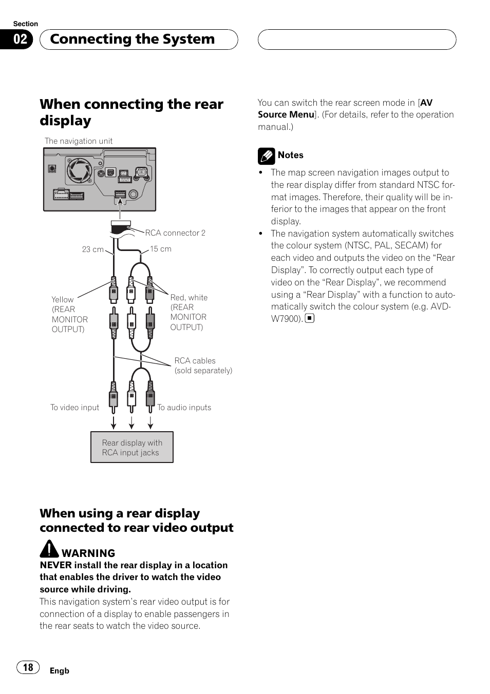 When connecting the rear display, When using a rear display connected to, Rear video output | Connecting the system | Pioneer AVIC-HD3-II User Manual | Page 18 / 177