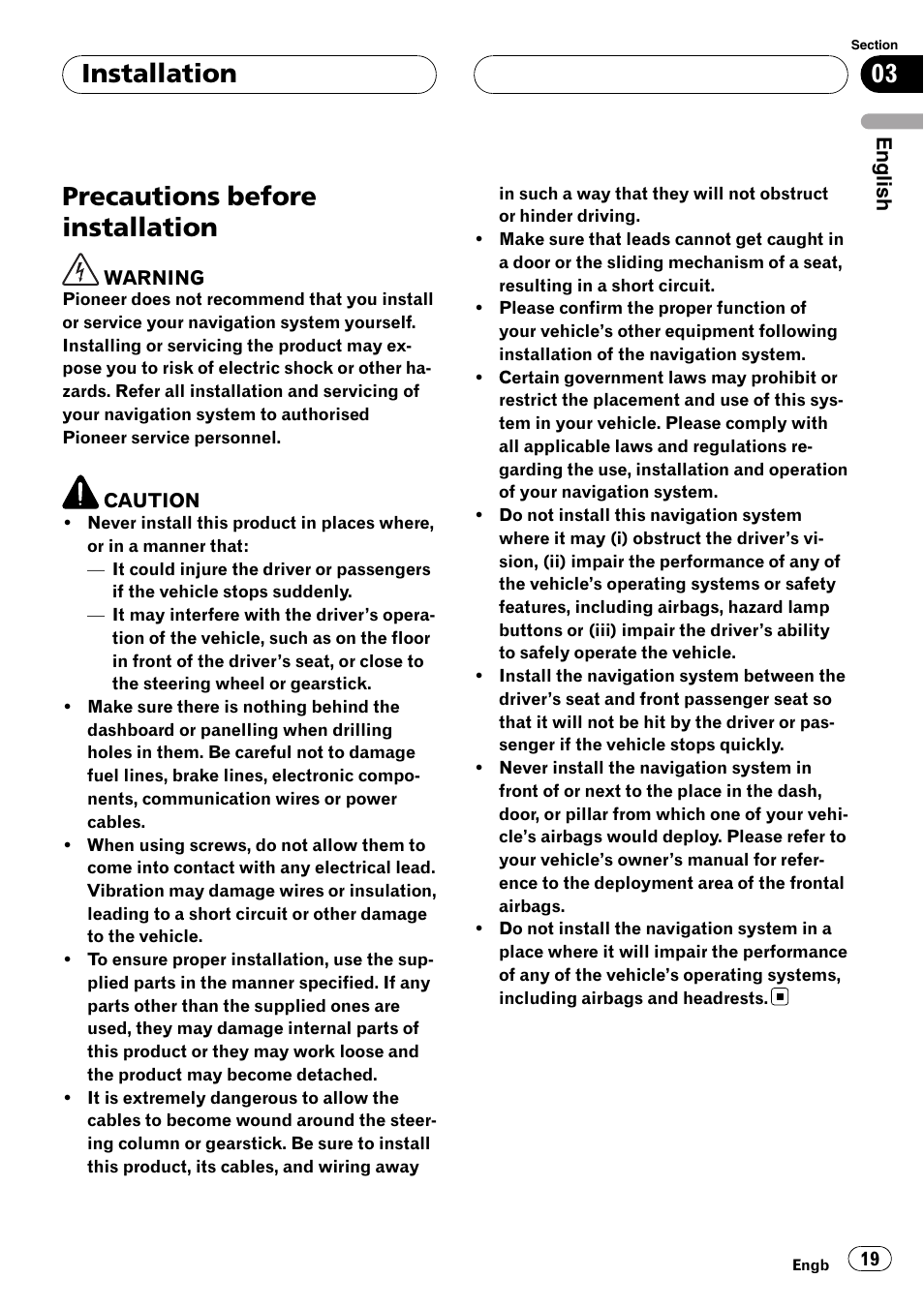 Installation precautions before installation, Precautions before installation, Installation | Pioneer AVIC-HD3-II User Manual | Page 19 / 177