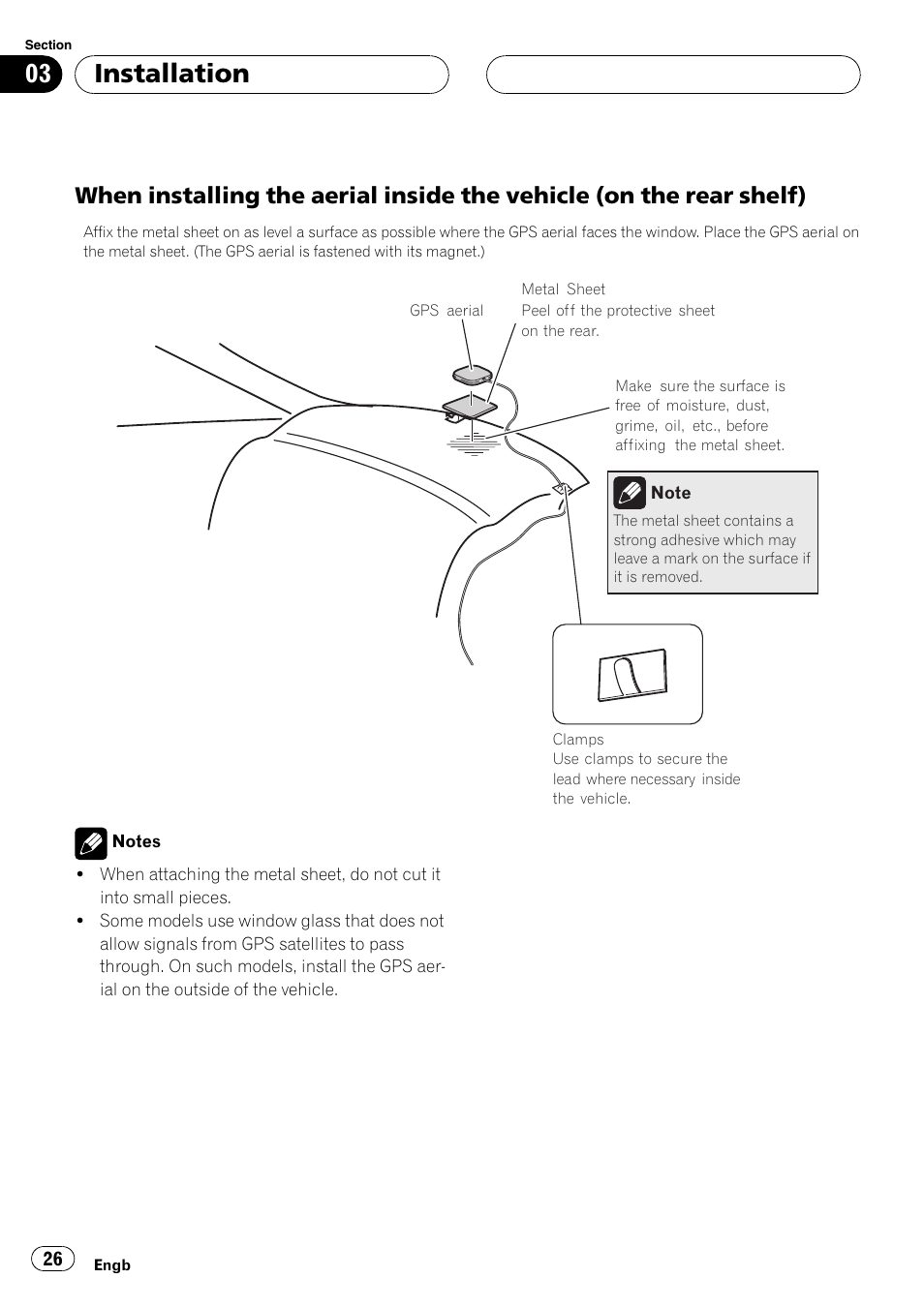 When installing the aerial inside the, Vehicle (on the rear shelf), Installation | Pioneer AVIC-HD3-II User Manual | Page 26 / 177