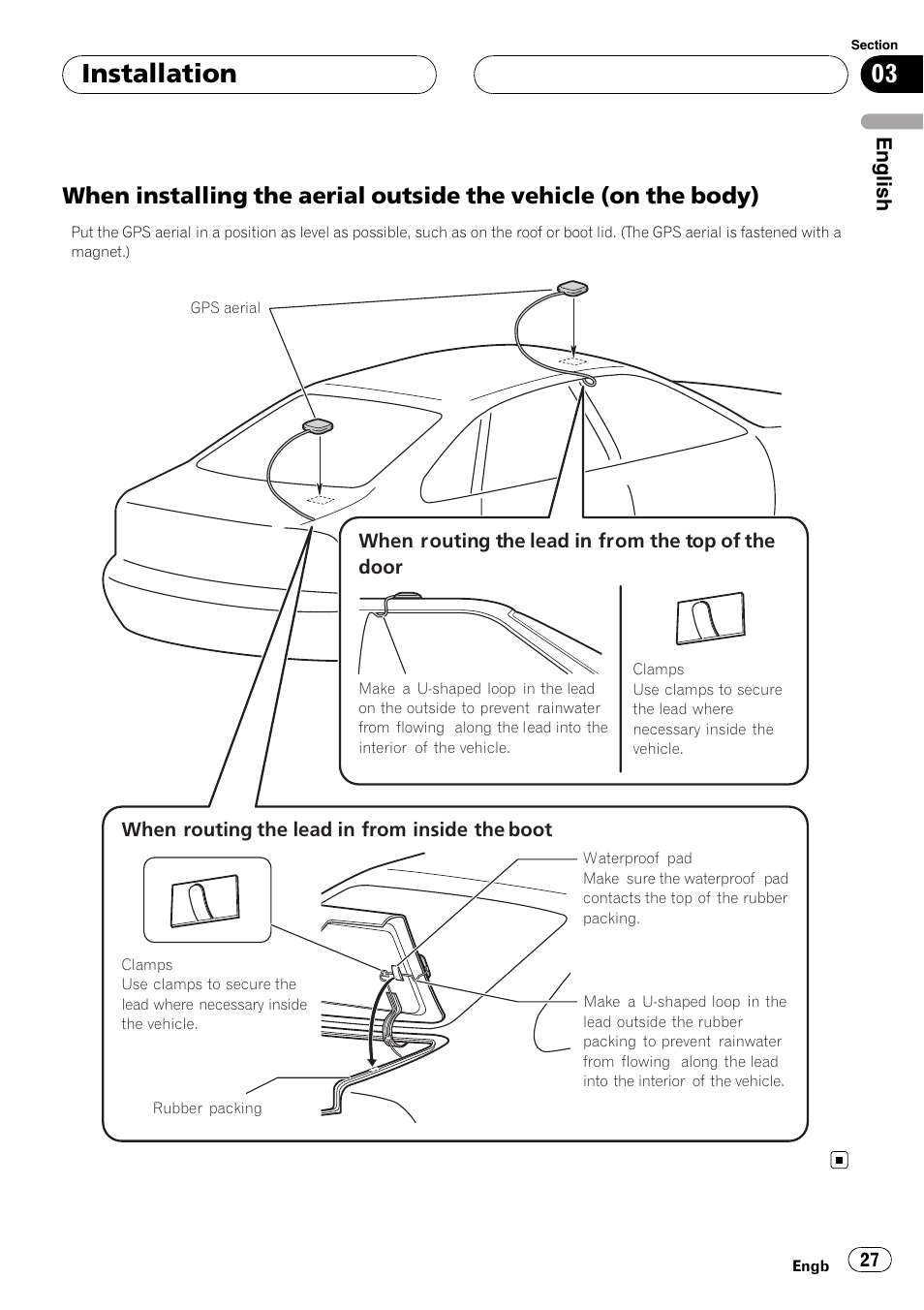When installing the aerial outside the, Vehicle (on the body), Installation | Pioneer AVIC-HD3-II User Manual | Page 27 / 177