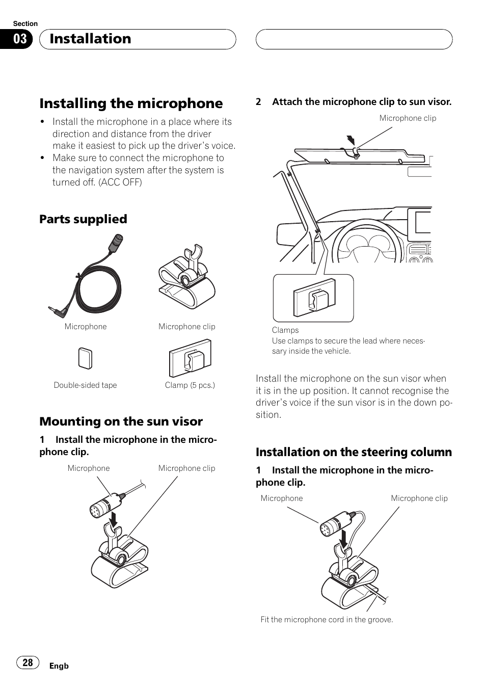 Installing the microphone, Parts supplied 28, Mounting on the sun visor 28 | Installation on the steering column 28, Installation, Parts supplied, Mounting on the sun visor, Installation on the steering column | Pioneer AVIC-HD3-II User Manual | Page 28 / 177