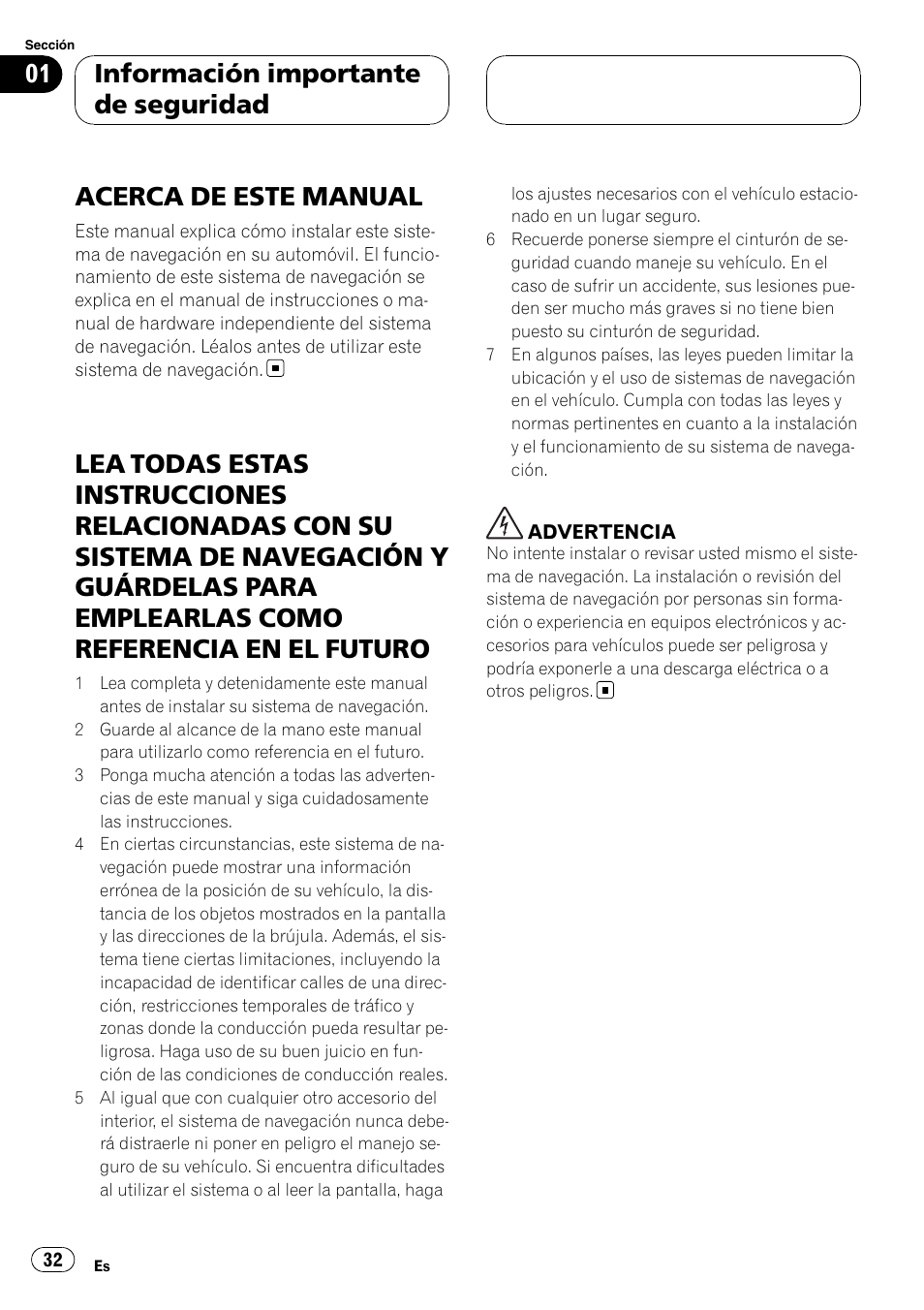 Información importante de seguridad, Acerca de este manual, Lea todas estas instrucciones | Pioneer AVIC-HD3-II User Manual | Page 32 / 177