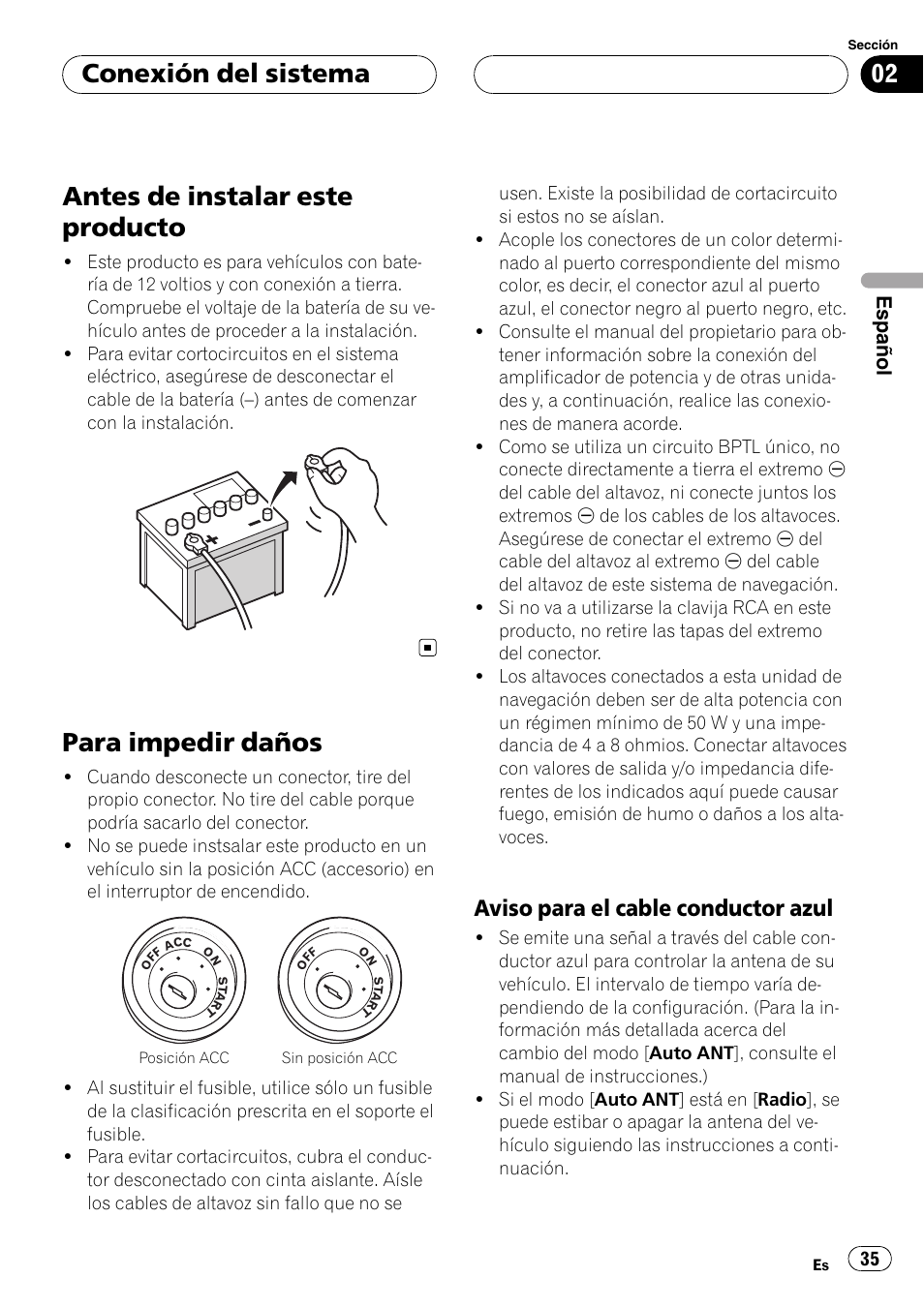 Antes de instalar este producto, Para impedir daños, Aviso para el cable conductor azul 35 | Conexión del sistema, Aviso para el cable conductor azul | Pioneer AVIC-HD3-II User Manual | Page 35 / 177