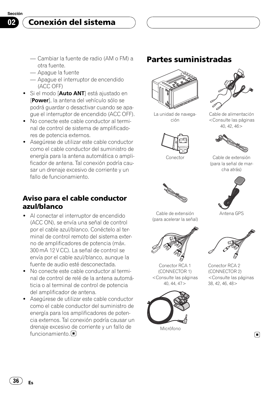 Aviso para el cable conductor azul, Blanco, Partes suministradas | Conexión del sistema, Aviso para el cable conductor azul/blanco | Pioneer AVIC-HD3-II User Manual | Page 36 / 177