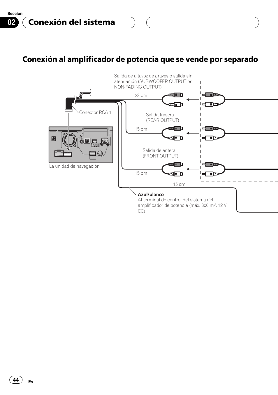 Conexión al amplificador de potencia que se, Vende por separado, Conexión del sistema | Pioneer AVIC-HD3-II User Manual | Page 44 / 177