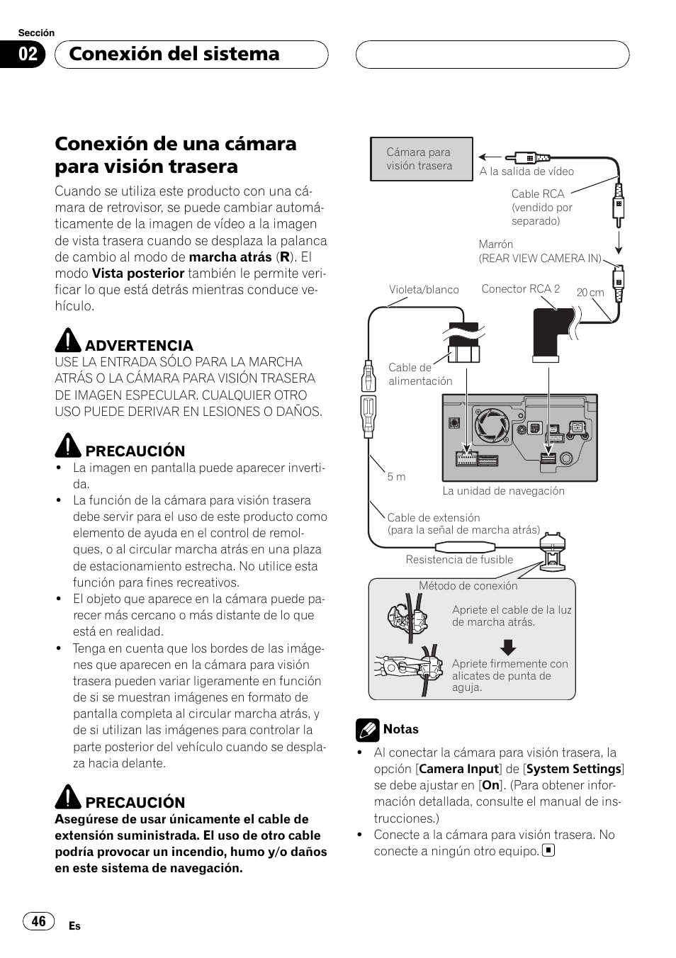 Conexión de una cámara para visión, Trasera, Conexión de una cámara para visión trasera | Conexión del sistema | Pioneer AVIC-HD3-II User Manual | Page 46 / 177