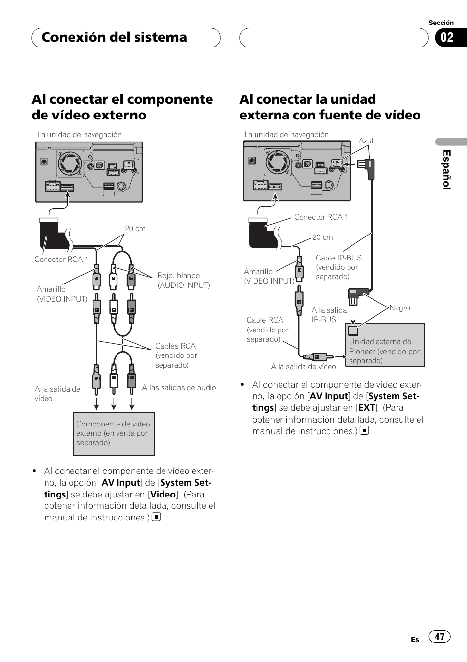 Al conectar el componente de vídeo, Externo, Al conectar la unidad externa con fuente de | Vídeo, Al conectar el componente de vídeo externo, Al conectar la unidad externa con fuente de vídeo, Conexión del sistema, Español | Pioneer AVIC-HD3-II User Manual | Page 47 / 177