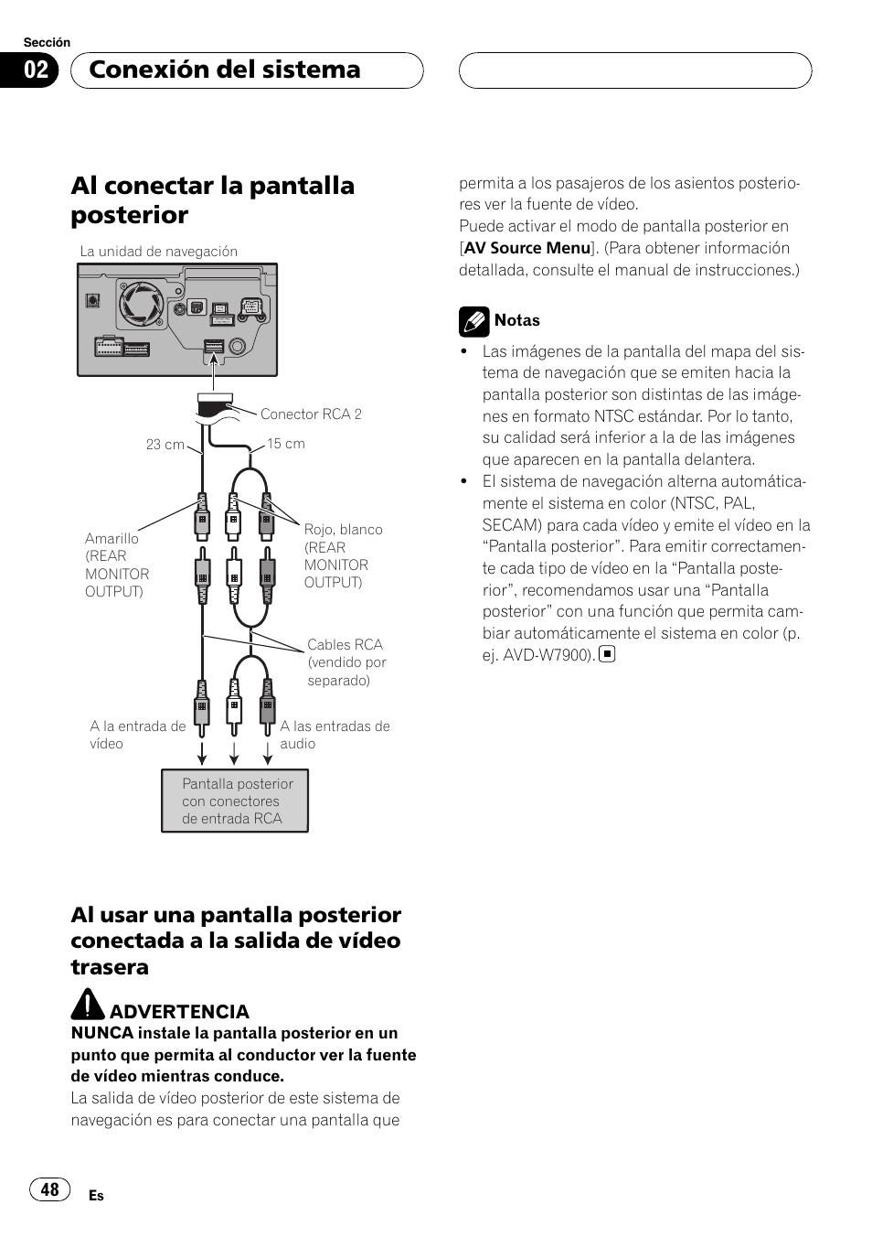 Al conectar la pantalla posterior, Al usar una pantalla posterior, Conectada a la salida de vídeo trasera | Conexión del sistema | Pioneer AVIC-HD3-II User Manual | Page 48 / 177