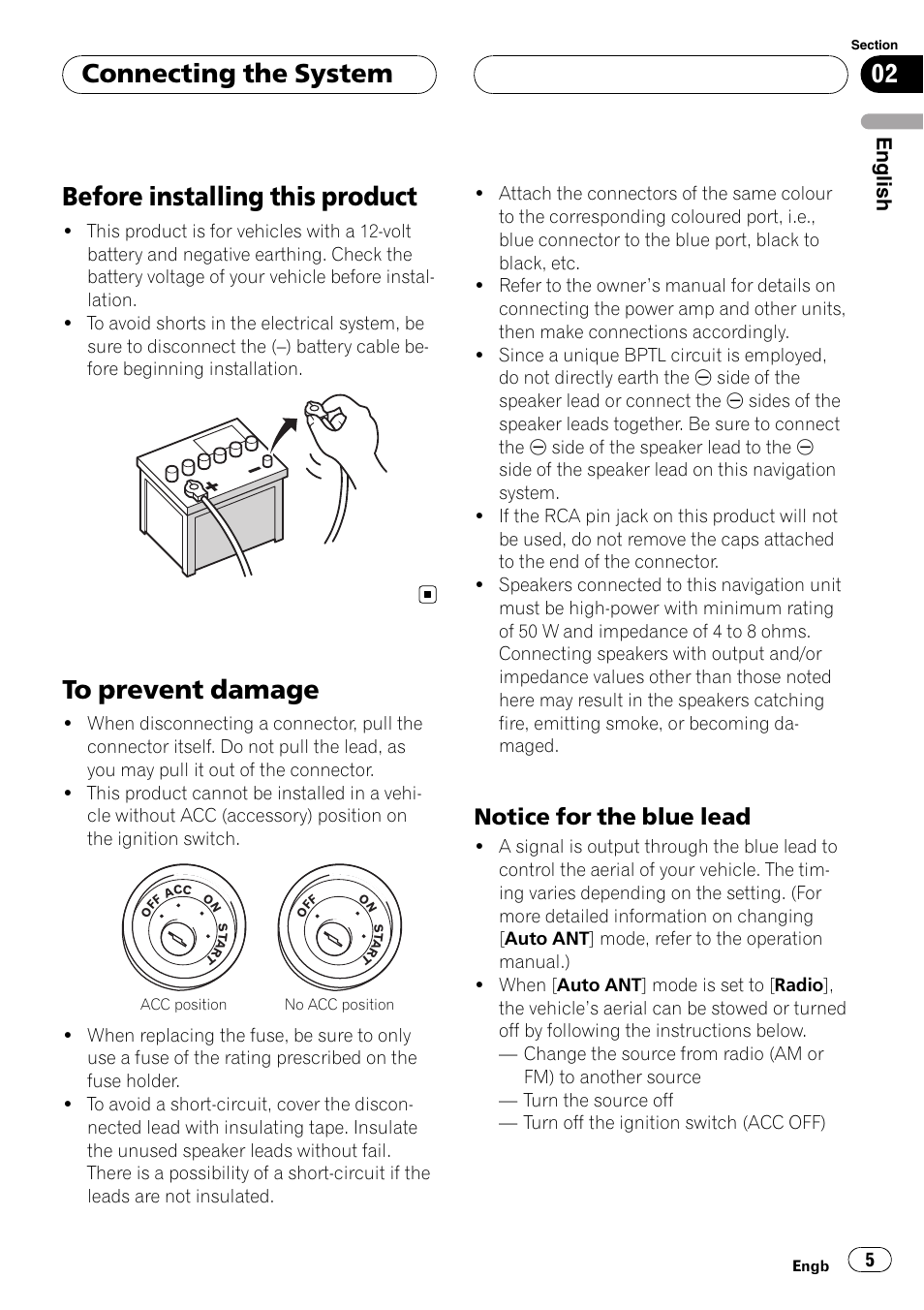Before installing this product, To prevent damage, Notice for the blue lead 5 | Connecting the system, Notice for the blue lead | Pioneer AVIC-HD3-II User Manual | Page 5 / 177