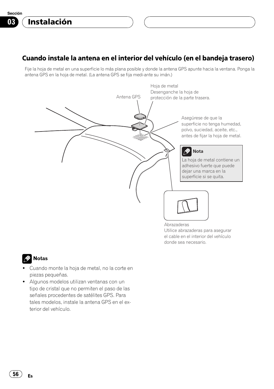 Cuando instale la antena en el interior, Del vehículo (en el bandeja trasero), Instalación | Pioneer AVIC-HD3-II User Manual | Page 56 / 177