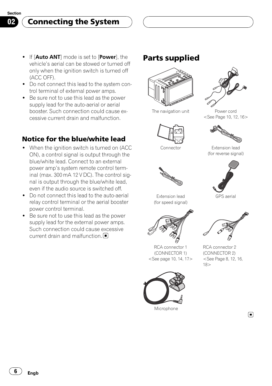 Notice for the blue/white lead 6, Parts supplied, Connecting the system | Notice for the blue/white lead | Pioneer AVIC-HD3-II User Manual | Page 6 / 177