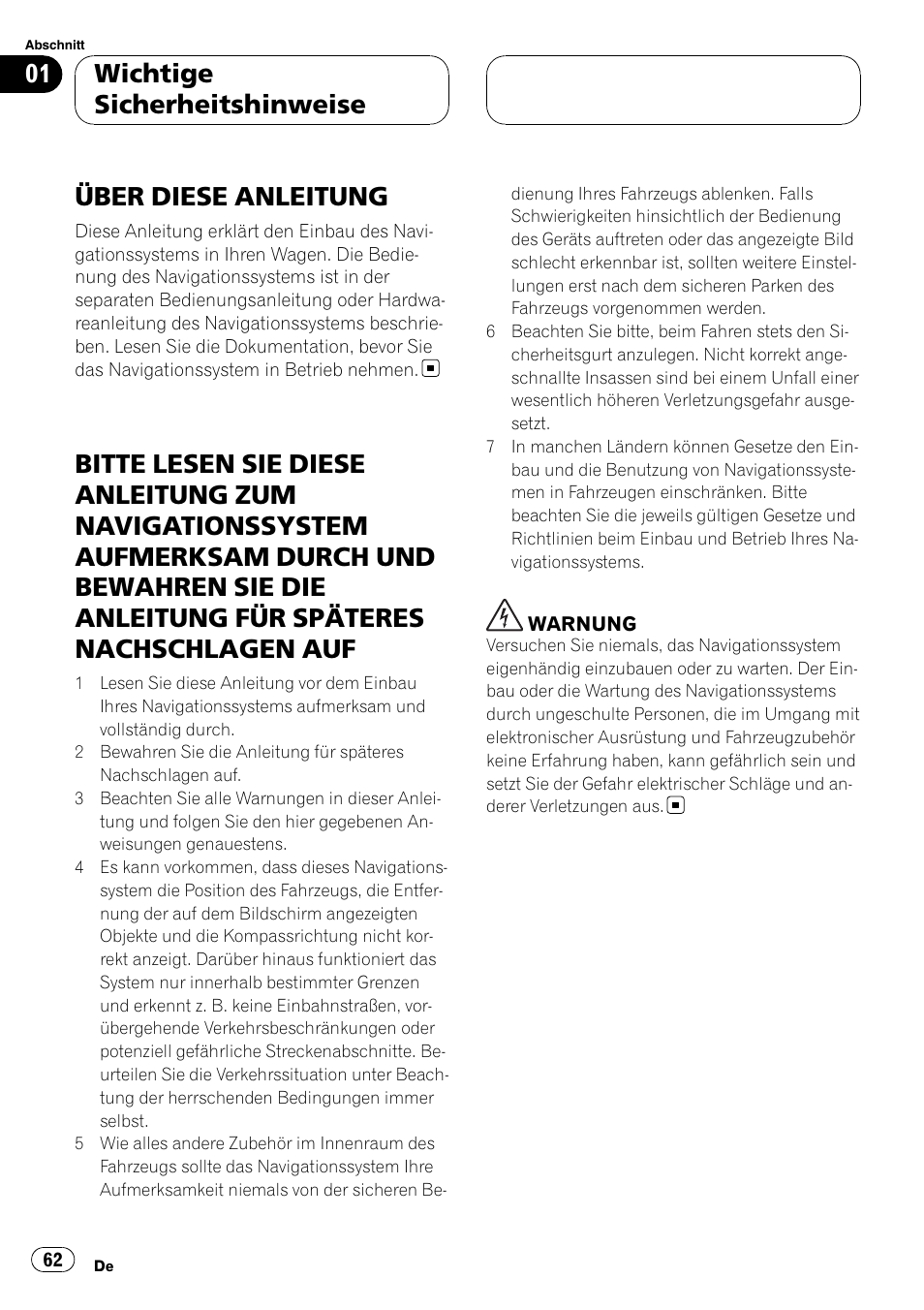 Wichtige sicherheitshinweise, Über diese anleitung, Bitte lesen sie diese anleitung zum | Pioneer AVIC-HD3-II User Manual | Page 62 / 177