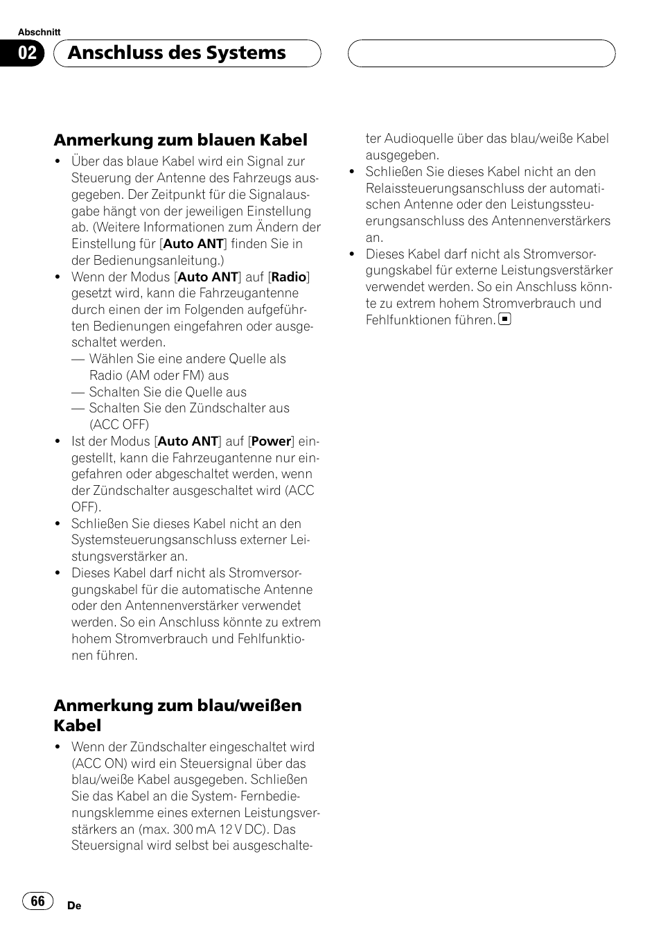 Anmerkung zum blauen kabel 66, Anmerkung zum blau/weißen, Kabel | Anschluss des systems, Anmerkung zum blauen kabel, Anmerkung zum blau/weißen kabel | Pioneer AVIC-HD3-II User Manual | Page 66 / 177