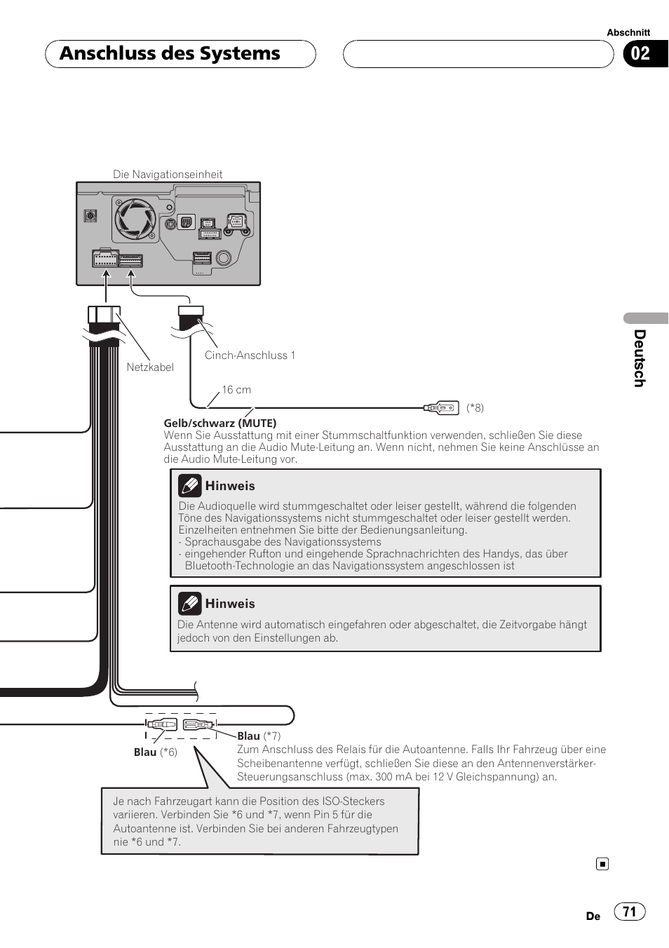 Anschluss des systems, Deutsch | Pioneer AVIC-HD3-II User Manual | Page 71 / 177
