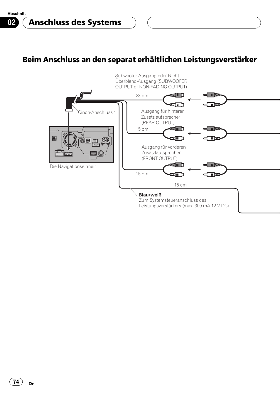 Beim anschluss an den separat erhältlichen, Leistungsverstärker, Anschluss des systems | Pioneer AVIC-HD3-II User Manual | Page 74 / 177