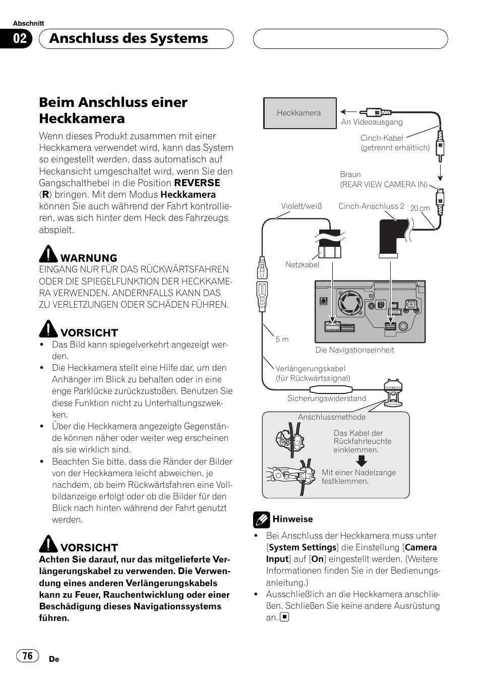 Beim anschluss einer heckkamera, Anschluss des systems | Pioneer AVIC-HD3-II User Manual | Page 76 / 177