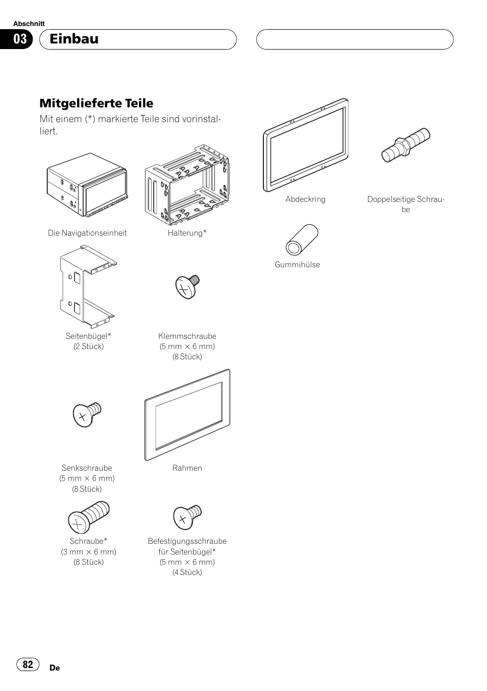 Mitgelieferte teile 82, Einbau, Mitgelieferte teile | Pioneer AVIC-HD3-II User Manual | Page 82 / 177