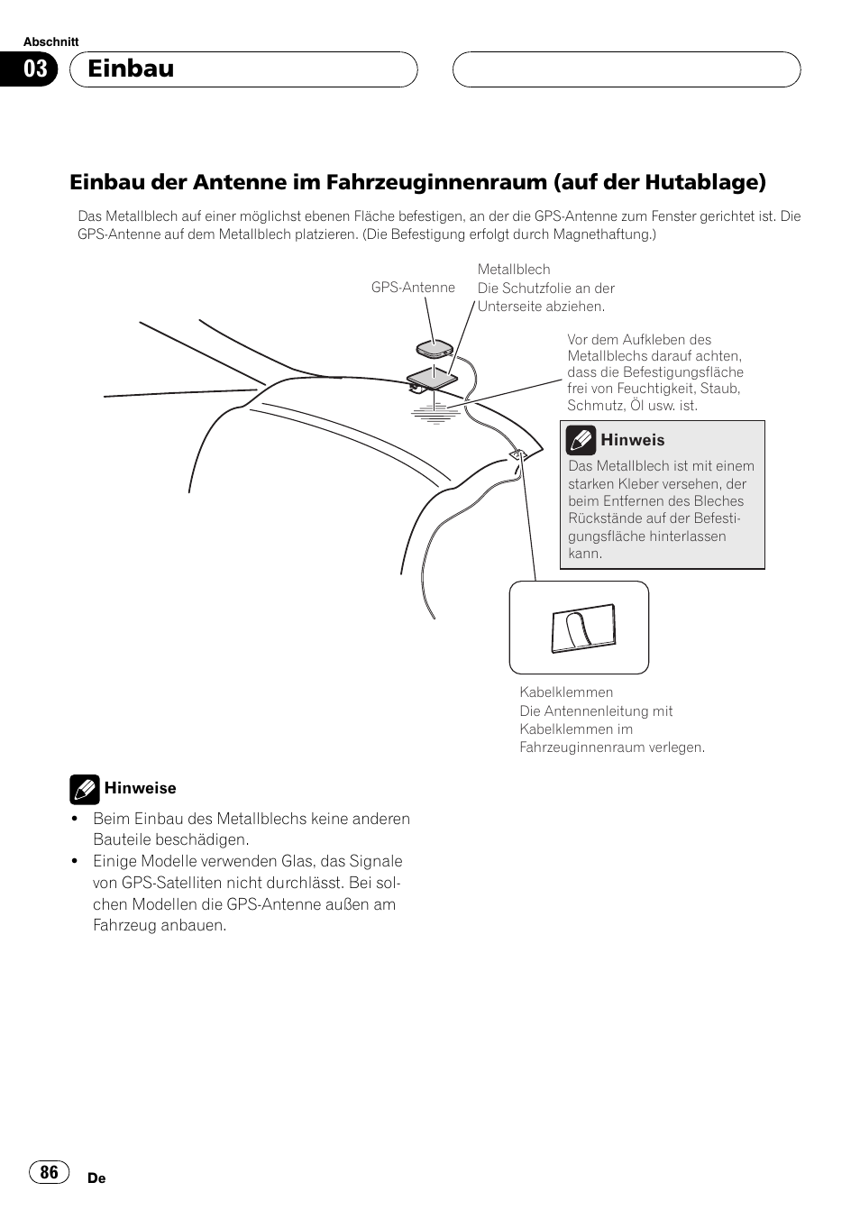 Einbau der antenne im, Fahrzeuginnenraum (auf der hutablage), Einbau | Pioneer AVIC-HD3-II User Manual | Page 86 / 177