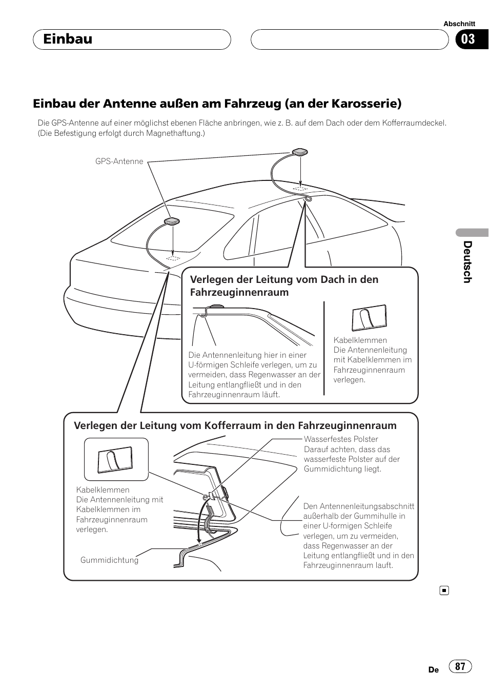 Einbau der antenne außen am, Fahrzeug (an der karosserie), Einbau | Pioneer AVIC-HD3-II User Manual | Page 87 / 177
