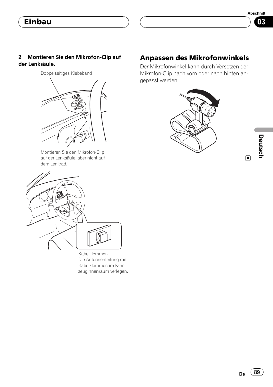 Anpassen des mikrofonwinkels 89, Einbau, Anpassen des mikrofonwinkels | Pioneer AVIC-HD3-II User Manual | Page 89 / 177
