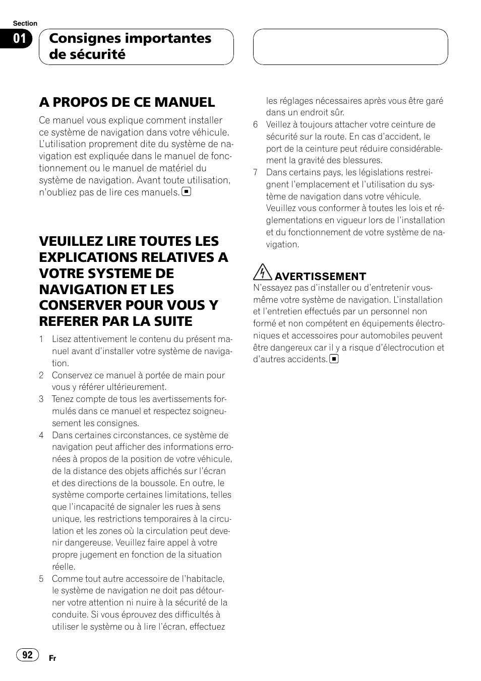 Consignes importantes de sécurité, A propos de ce manuel, Veuillez lire toutes les explications | Pioneer AVIC-HD3-II User Manual | Page 92 / 177