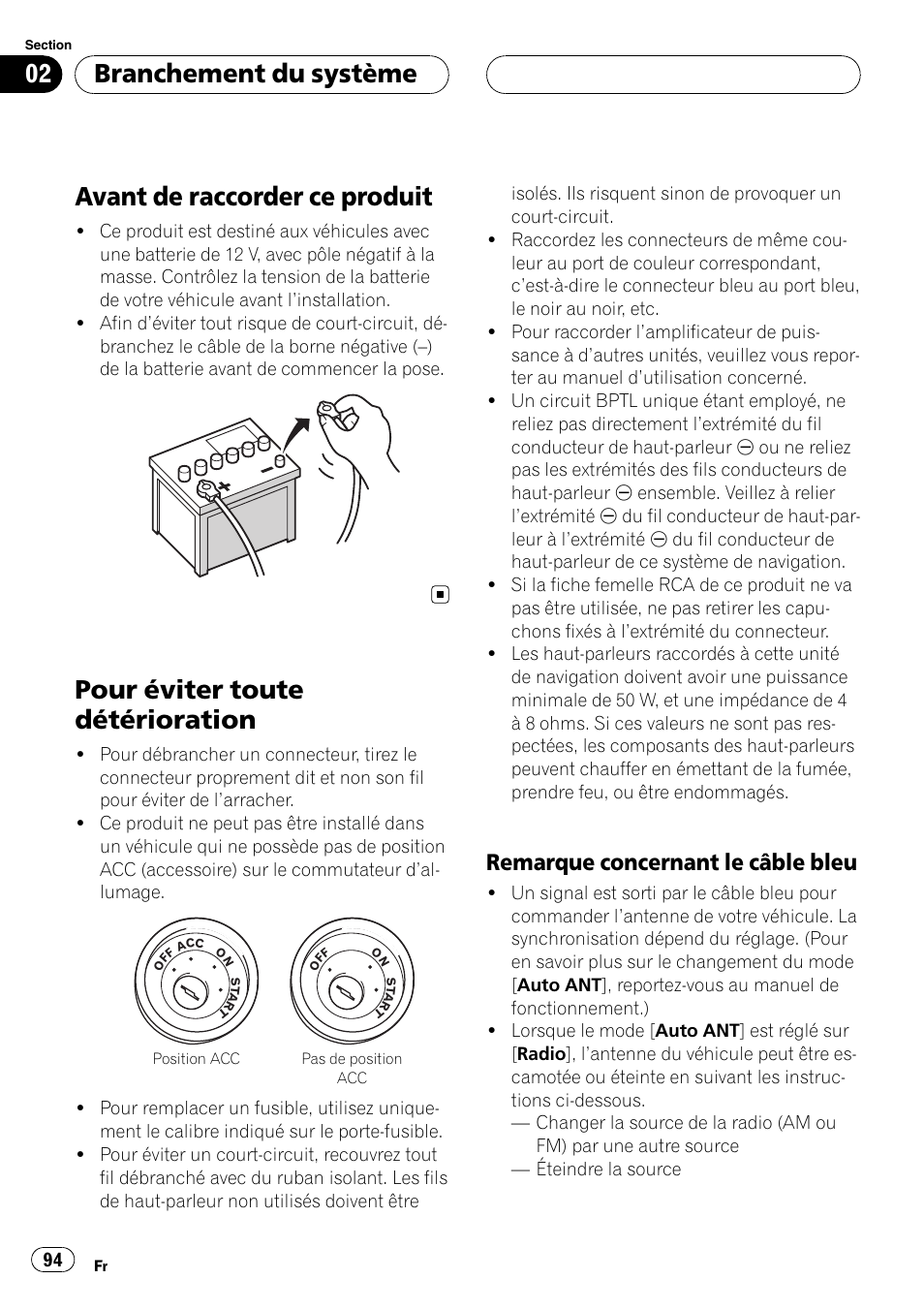 Avant de raccorder ce produit, Pour éviter toute détérioration, Remarque concernant le câble | Bleu, Branchement du système, Remarque concernant le câble bleu | Pioneer AVIC-HD3-II User Manual | Page 94 / 177