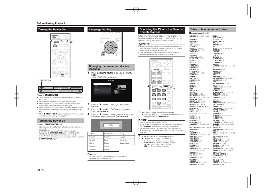 Turning the power on, Turning the power off, Language setting | Changing the on-screen display language, Operating the tv with the player’s remote, Control, Table of manufacturer codes, Standby/on pqls usb fl off open/close 3d 5 v 0.5 a, Operating the tv with the player’s remote control | Pioneer BDP-430 User Manual | Page 12 / 32