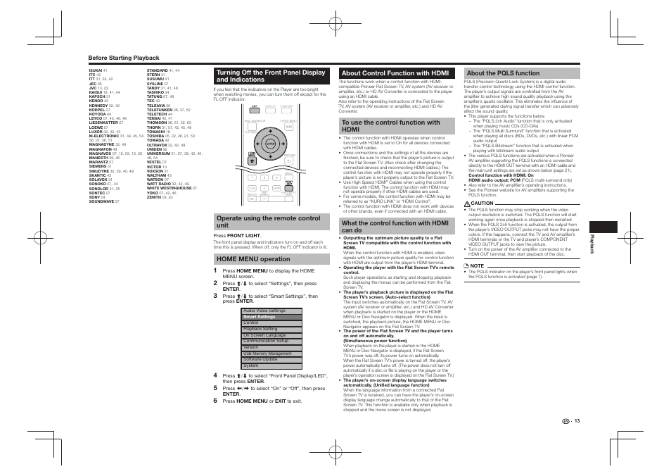 Turning off the front panel display and, Indications, About control function with hdmi | Pioneer BDP-430 User Manual | Page 13 / 32