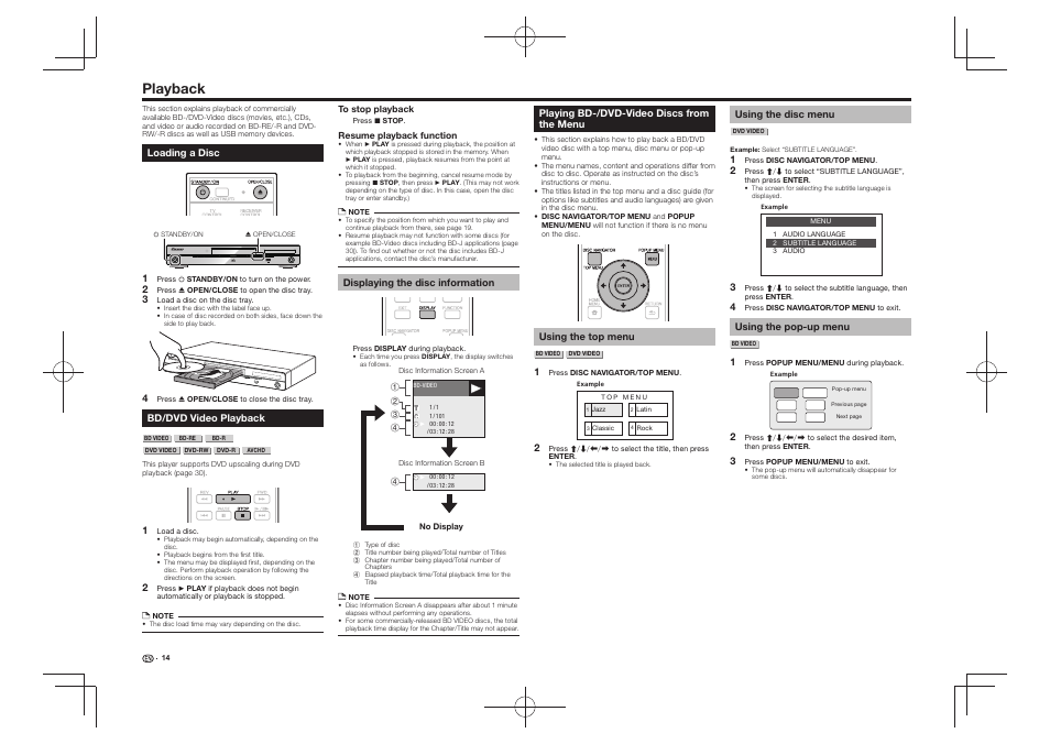 Playback, Loading a disc bd/dvd video playback, Displaying the disc information | Playing bd-/dvd-video discs from the menu, Standby/on pqls usb fl off open/close 5 v 0.5 a 3d | Pioneer BDP-430 User Manual | Page 14 / 32