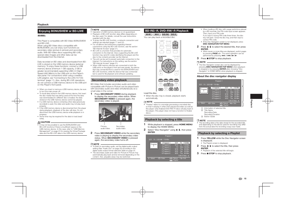 Enjoying bonusview or bd-live, Secondary video playback, Bd-re/-r, dvd-rw/-r playback | Pioneer BDP-430 User Manual | Page 15 / 32