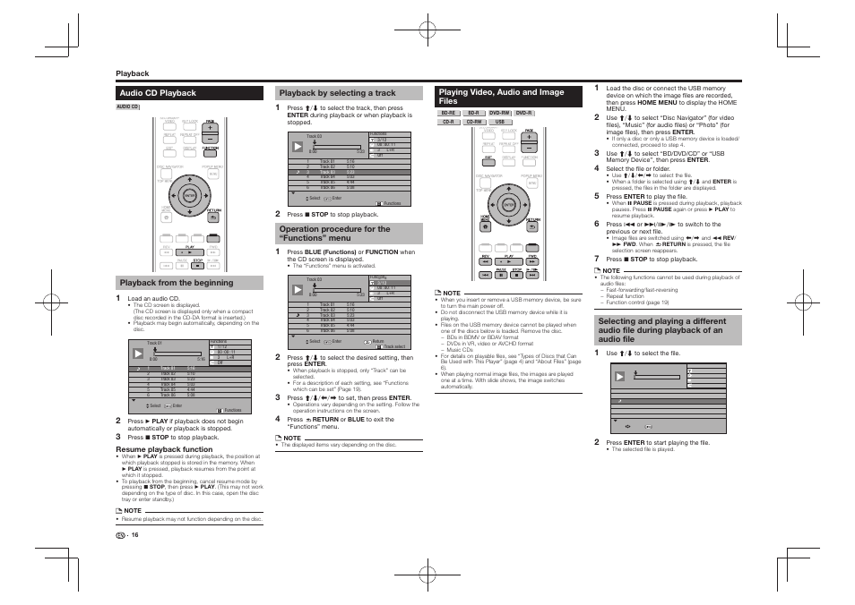 Audio cd playback, Playing video, audio and image files, Playback of an audio file | Pioneer BDP-430 User Manual | Page 16 / 32