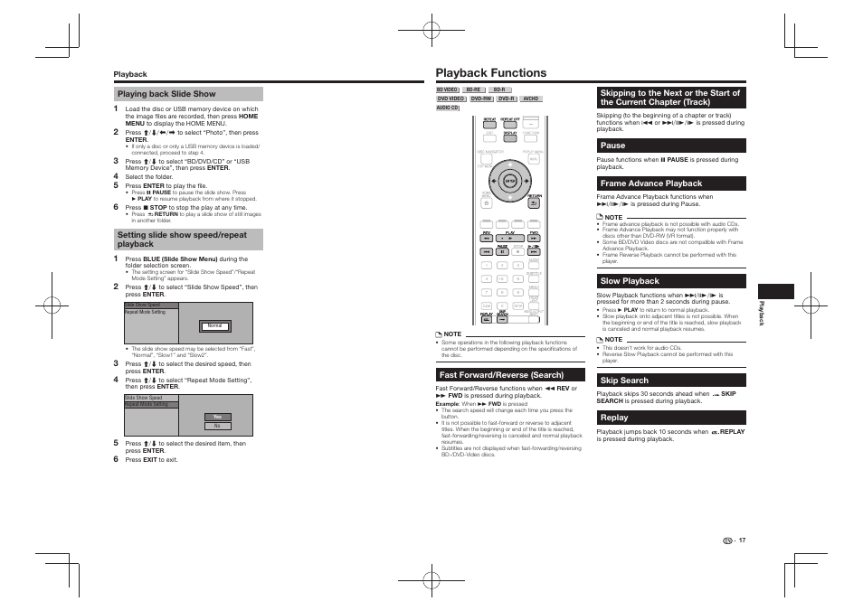 Playback functions, Chapter (track) | Pioneer BDP-430 User Manual | Page 17 / 32
