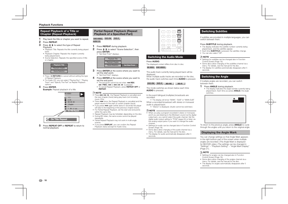 Repeat playback of a title or chapter (repeat, Playback), Partial repeat playback (repeat playback of a | Specified part), Displaying the angle mark | Pioneer BDP-430 User Manual | Page 18 / 32