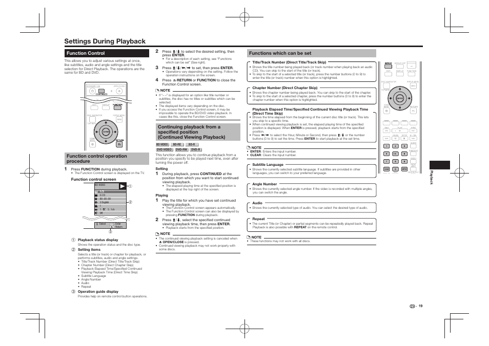 Settings during playback, Function control, Continued viewing playback) | Functions which can be set | Pioneer BDP-430 User Manual | Page 19 / 32
