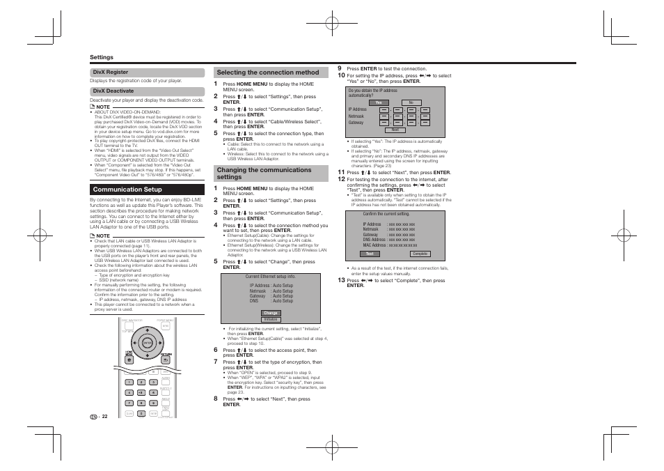 Communication setup | Pioneer BDP-430 User Manual | Page 22 / 32