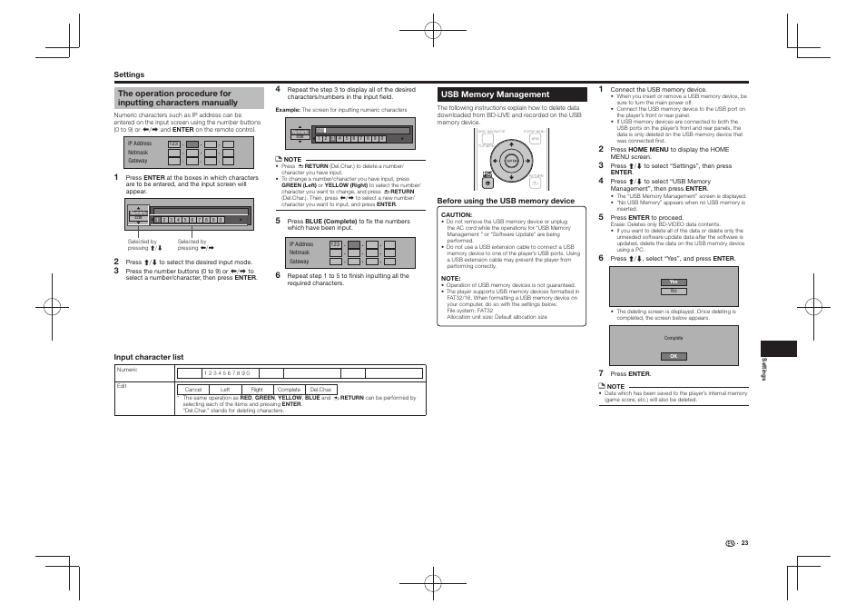 The operation procedure for inputting characters, Manually, Usb memory management | Pioneer BDP-430 User Manual | Page 23 / 32