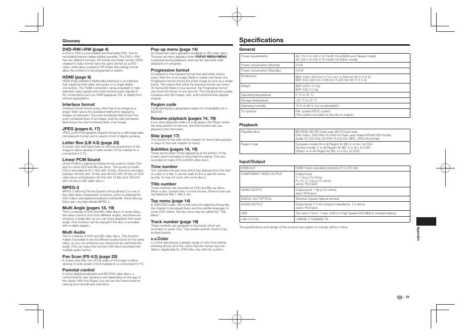 Specifications | Pioneer BDP-430 User Manual | Page 31 / 32