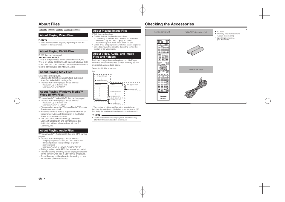 About files, About playing video files, Files | Checking the accessories, Checking the accessories about files | Pioneer BDP-430 User Manual | Page 6 / 32