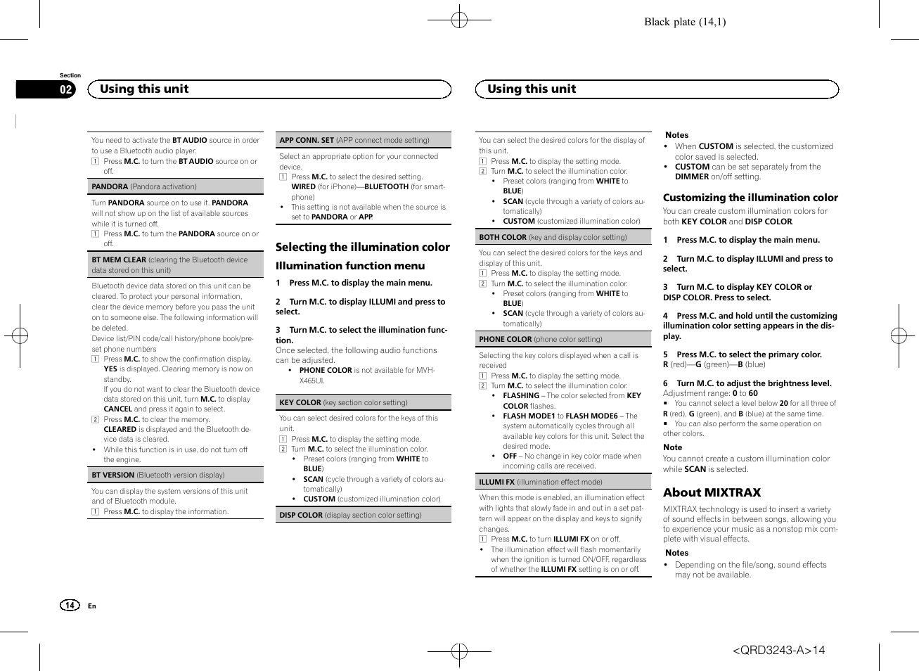 Pandora (pandora activation) on, Selecting the illumination color, About mixtrax | Using this unit | Pioneer MVH-X565BT User Manual | Page 14 / 140