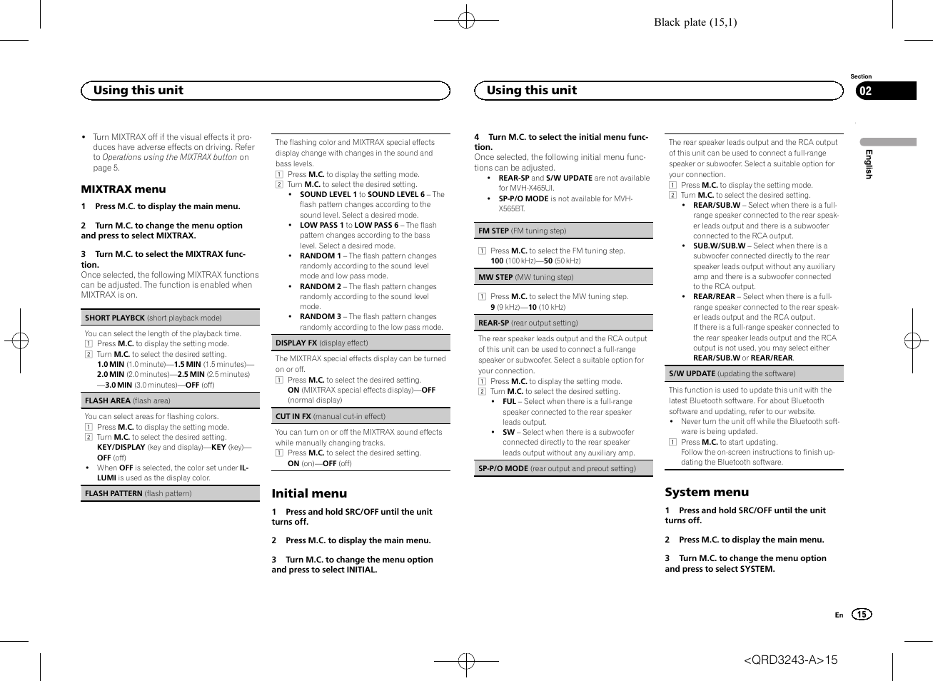 Rear-sp, Sp-p/o mode (rear output and preout set, Initial menu | System menu, Using this unit | Pioneer MVH-X565BT User Manual | Page 15 / 140