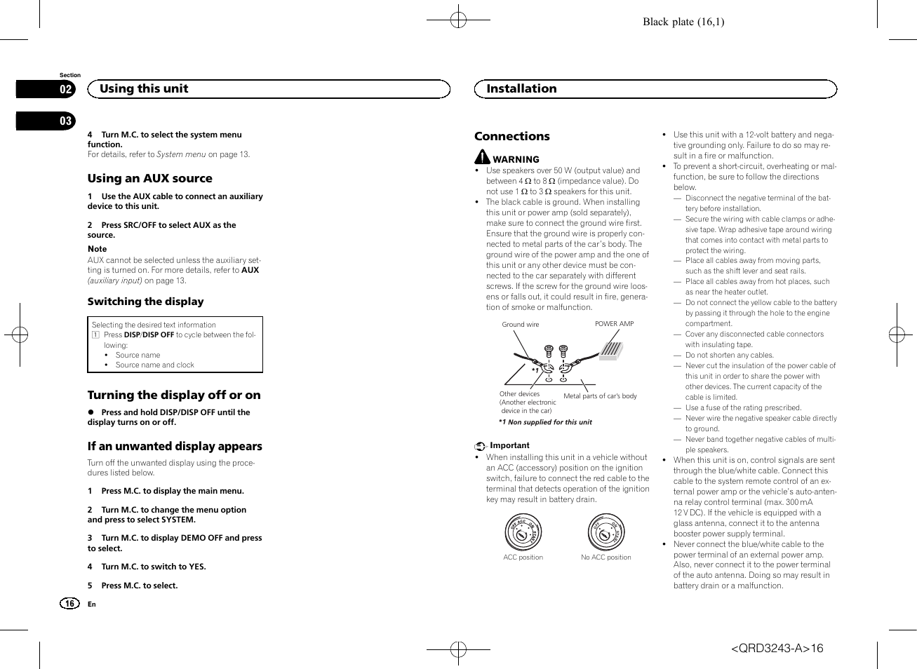 Using an aux source, Turning the display off or on, If an unwanted display appears | Connections, Using this unit, Installation | Pioneer MVH-X565BT User Manual | Page 16 / 140